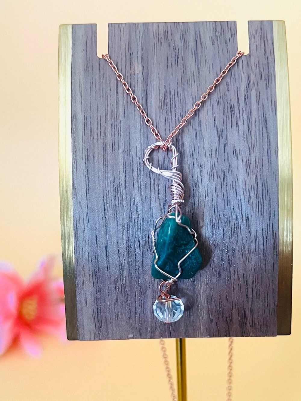 Rose gold plated wire wrapped natural green stone pendant triangle shaped